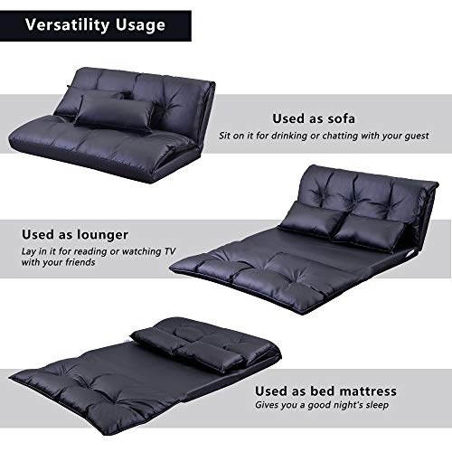 Futon Floor Sofa 5-Position Folding Chaise Lounge w/Adjustable Back&Steel Frame for Gaming Video,Multi-functional Lazy Sofa Sleeper Bed w/2 Lumbar Pillows&Thick Cushion for Living Room Bedroom (Black)