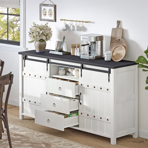 REAHOME 60" Buffet Cabinet with Storage, Farmhouse Sideboard Buffet Cabinet with Sliding Barn Doors & 3 Drawers, Wood Coffee Bar Cabinet Buffet Table for Kitchen, Dining Room, Rustic Brown