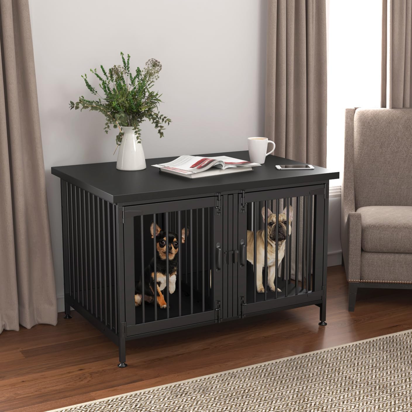 Double Dog Crate with Divider for 2 Small Dogs or 1 Dog, Furniture Style Kennel Indoor Cage with Removable Panel (Int.dims:36.2”Wx24.5”Dx21”H)
