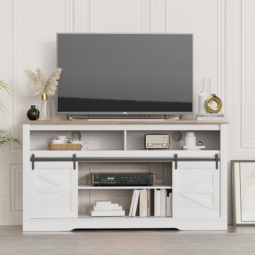 YESHOMY Farmhouse TV Stand for Televisions up to 65 Inches, Sliding Barn Doors and Storage Cabinets, Console Table and Media Furniture for Living Room, 58 Inch, Milk White