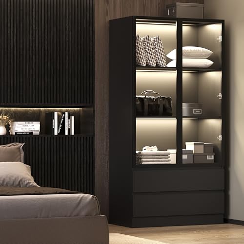 Tempered Glass Door Display Cabinet with LED Lights and 3 Storage Shelves,Tall Modern Display Storage Organizer with 2 Drawers and 2 Doors,Bookcase Bookshelf for Living Room,Home Office,Black