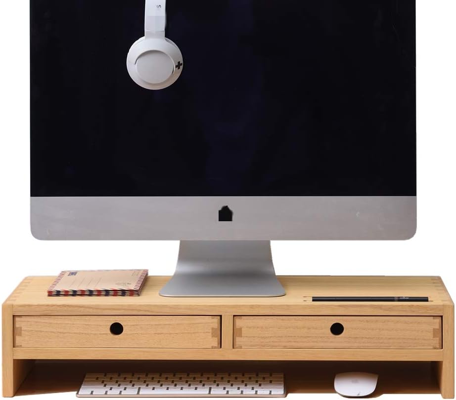 Kirigen Wood Monitor Stand with 2 Drawers - Computer Arm Riser Desk Storage Organizer,Speaker TV Laptop Printer Stand with Pen Slot and Cable Management,2-Tier Desktop Shelf NA-2PMJ
