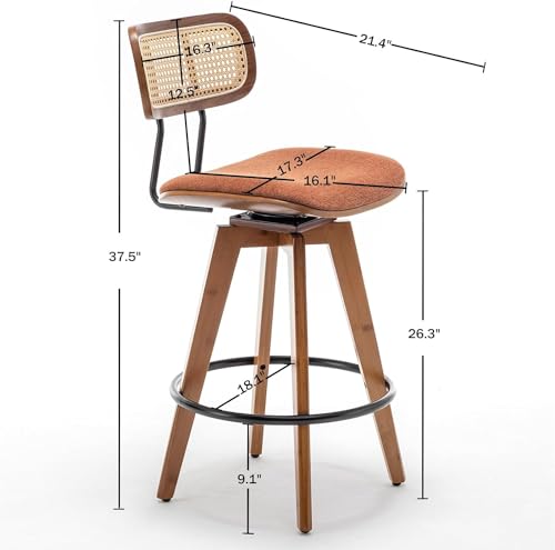 26" Rattan Bar Stools Set of 2, Linen Fabric Counter Height Swivel Barstools with Rattan Backrest and Wooden Legs,Armless Mid Century Modern Bar Chairs for Kitchen/Dining Room,Cafe Brown