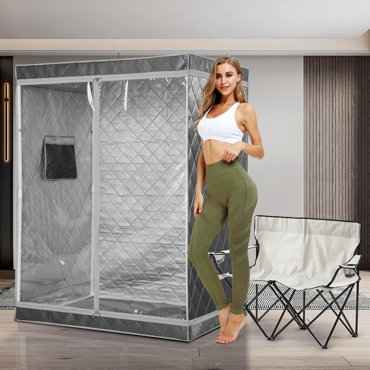 Full Size 2 Person Sauna Tent, Portable Steam Sauna Tent for Home, 2 Person Foldable Lightweight, Full Body Portable Sauna Tent for Home, 2 Person Foldable Chair, Steamer Not Included (Grey)
