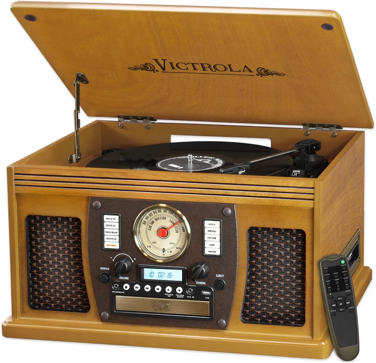 Victrola 8-in-1 Bluetooth Record Player & Multimedia Center, Built-in Stereo Speakers - Turntable, Wireless Music Streaming, Real Wood | Mahogany