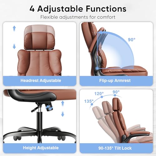 Executive Leather Office Chair, Computer Chair with Thick Cushion & Lumbar Support, Ergonomic Desk Chair with Adjustable Headrest & Armrests,Black
