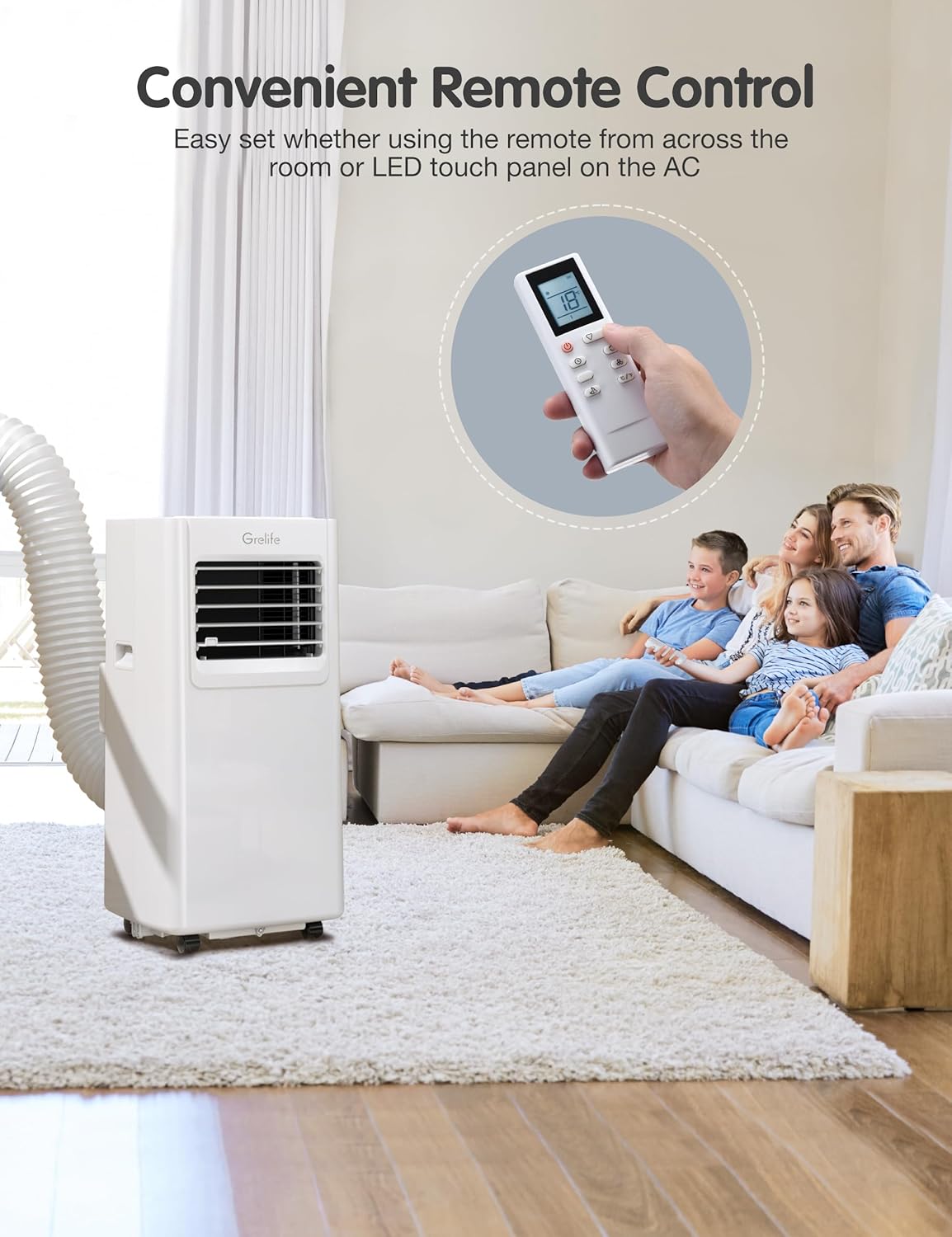 Grelife Portable Air Conditioner, 8000 BTU Air Conditioner Portable for Room Up to 350 Sq.Ft, 24H Timer, Sleep Mode, 3-in-1 Quiet AC Unit with Remote Control & Digital Display, Window Kit Included