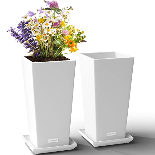Elevens 2-Pack White Outdoor Planters 24 Inch, Plastic Square Tapered Planters for Indoor Outdoor Plants, Large Planters with Tray for Patio.