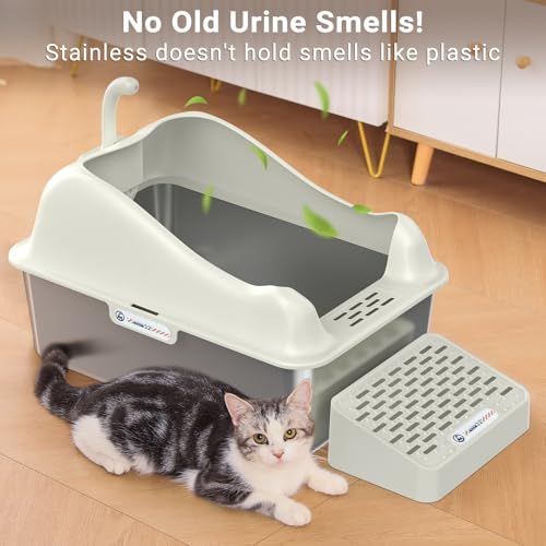 Stainless Steel Litter Box, XL Metal Litter Box with High Wall Sides, Stainless Steel Litter Box with Lid, Never Absorbs Odors, Non-Sticky, Anti-Urine Leakage-Grey