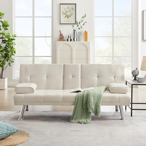 Futon Sofa Bed, 3 People Guest Bed, Modern Convertible Folding Futon Sofa Bed with Removable Armrests, Futon Couch Recliner Lounge with 2 Cup Holders for Living Room, Apartments, Dormitories, Office