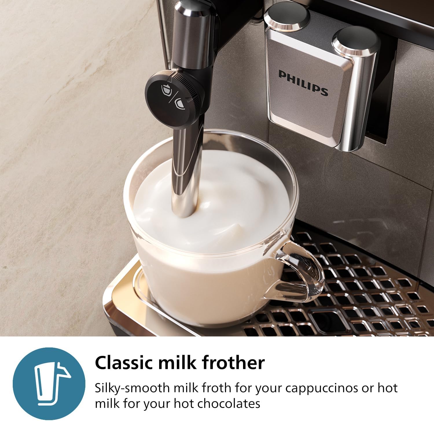 PHILIPS 3300 Series Fully Automatic Espresso Machine - 5 Beverages, Intuitive Touch Display, Classic Milk Frother, SilentBrew, 100% Ceramic Grinder, AquaClean Filter. Black Chrome (EP3326/90)