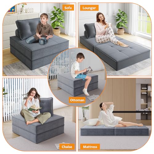 Folding Sofa Bed with Back Support, Large Convertible Sleeper Chair Floor Couch with Pillow, Foldable Mattress Portable Chair Bed Floor Sofa Lounge for Living Room Bedroom Apartment (Beige)