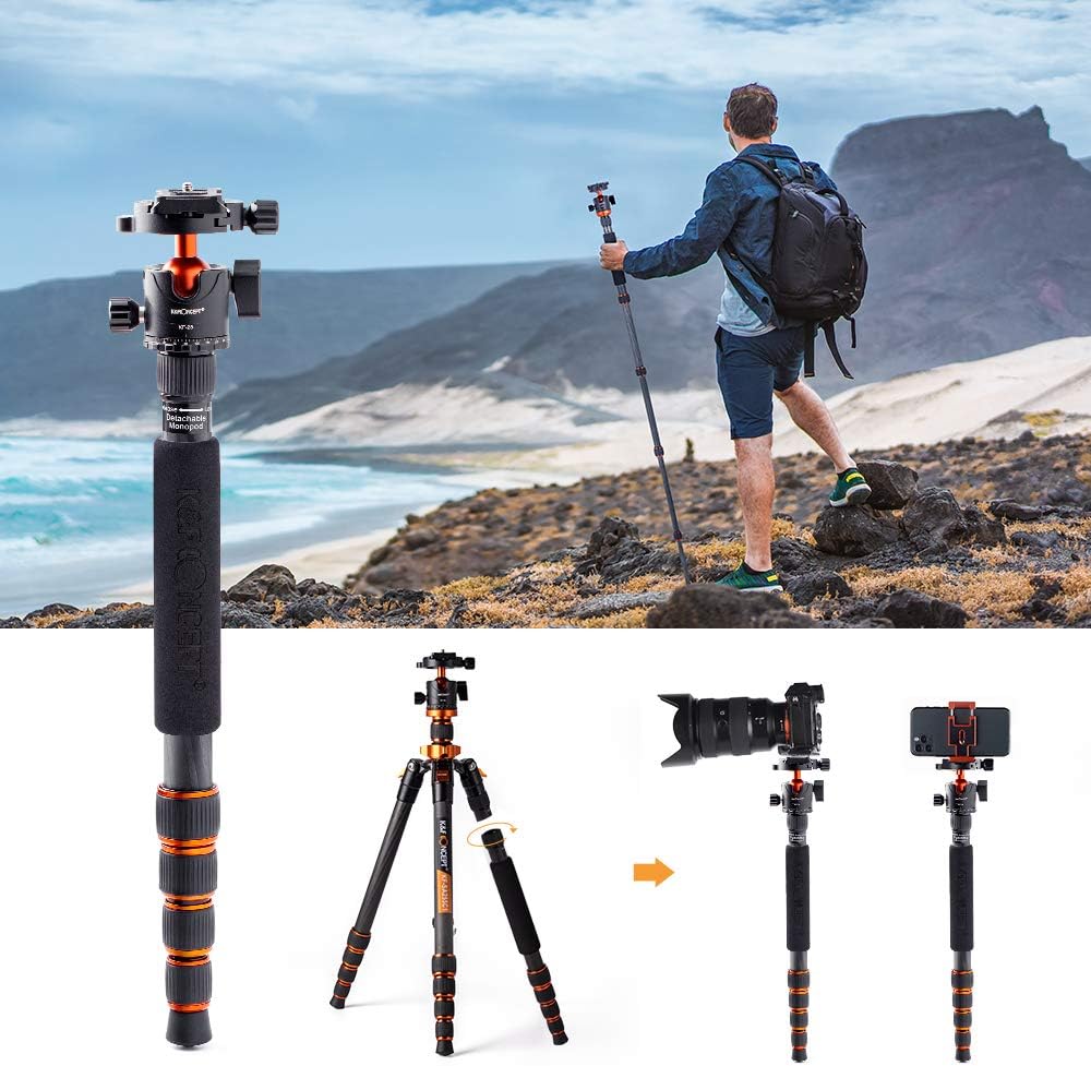 K&F Concept 68" Carbon Fiber Camera Tripod,Compact Tripods with Metal Ball Head,Quick Release Plate,Detachable Monopod 10KG Load for DSLR (SA255C1) D255C4+BH-28L 2-in-1 Quick Release Plate Kits