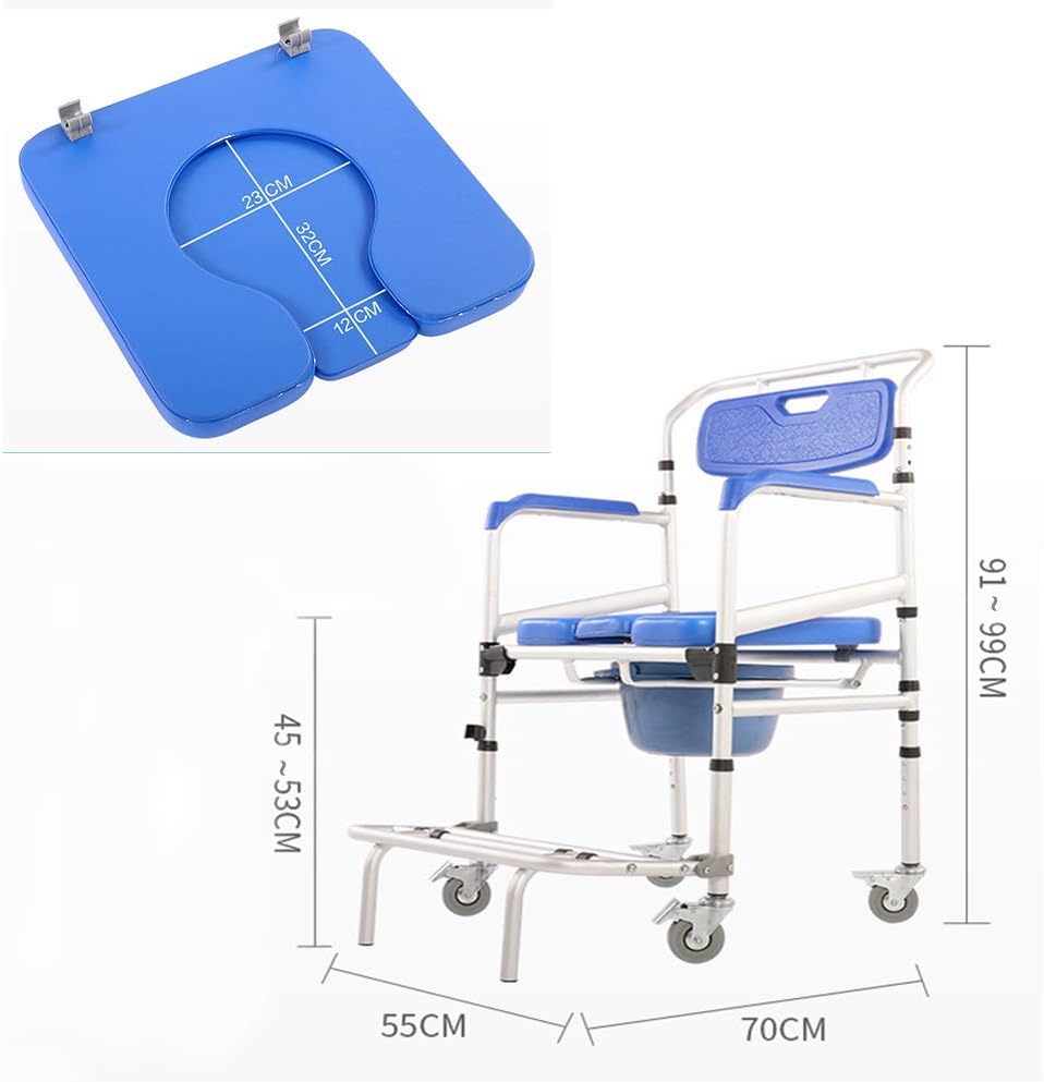 Mobile Bedside Commode, Wheeled Folding Toilet Seat Chair Armrests Backrest and Removable Footrests WC Chair with Lid Bathroom Chair or Disabled Pregnant Elderly