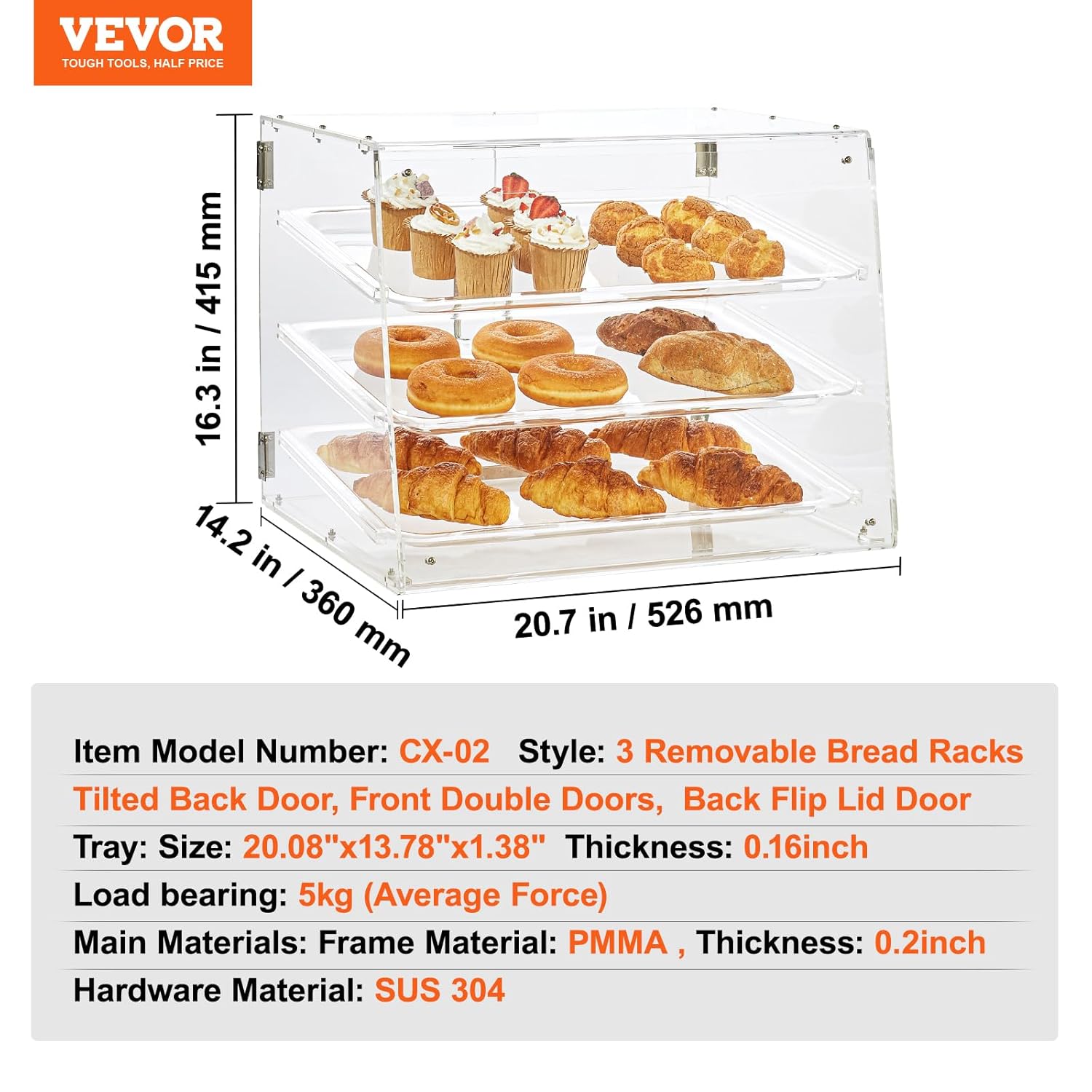 VEVOR Pastry Display Case, 3-Tier Commercial Countertop Bakery Display Case, Acrylic Display Box with Rear Door Access & Removable Shelves, Keep Fresh for Donut Bagels Cake Cookie, 20.7"x14.2"x16.3"