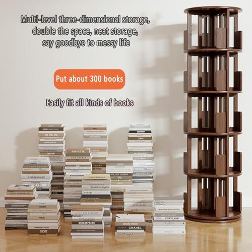 Solid Wood rotating bookshelf tower 4/5/6 vertical corner bookshelf tower 360° Floor Standing Bookcase Storage Rack Bookshelve Storage Display Rack for Living Room Study Room Office(Cherry wood,46*46*