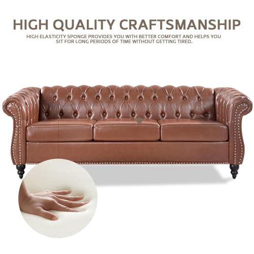 Black Faux Leather 3-seater Couch, 84in Sofas for Living Room, Bedroom, Office, with Rolled Arm, Deep Seating and Buttoned Classic Chesterfield Sofa