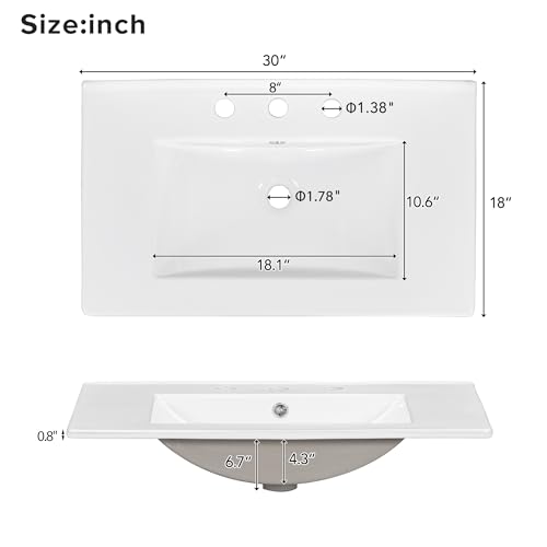 30inch Bathroom Vanity with Sink,Single Sink Bathroom Vanity with 2 Drawers and a Tip-Out Drawer,Easy Assmebly and Clean,for Bathrooms with Small Spaces(White)