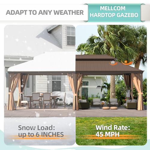 MELLCOM 12'x16' Hardtop Gazebo, Galvanized Steel Metal Double Roof Canopy with Curtains and Netting, Brown Permanent Pavilion Gazebos with Aluminum Frame for Garden, Patio, Lawns, Deck