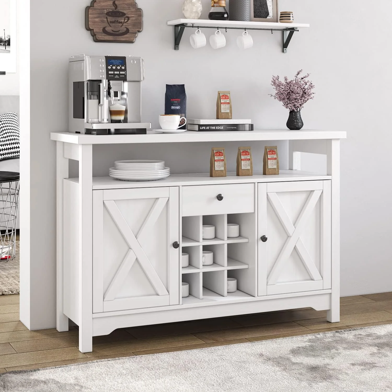 Farmhouse Coffee Bar Cabinet with Storage, White Coffee Bar with 9 Wine Racks Barn Door, Kitchen Buffet Cabinet with Drawer, Wine Bar Cabinet with Adjustable Shelf for Dining, Living Room