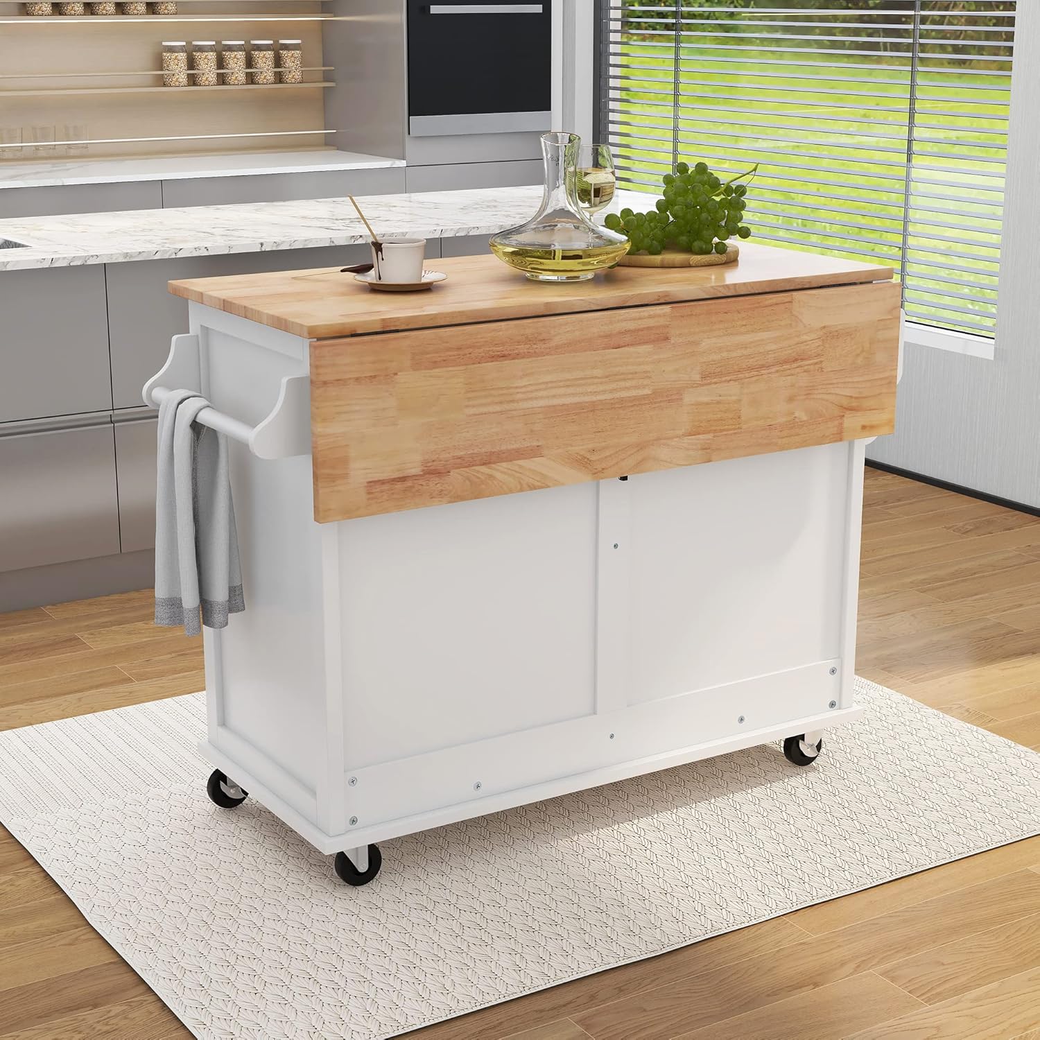 LUMISOL Mobile Kitchen Island Cart with Spice Rack and Towel Rack, Rolling Kitchen Island with Drop Leaf, 2 Drawers and Sliding Barn Doors