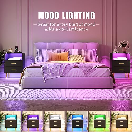 Nightstand set of 2 with Charging Station, Smart Night Stand with LED Light, Wood Bedside Table with 2 Drawers and Storage, Modern End Table for Bedroom Living Room, Grey