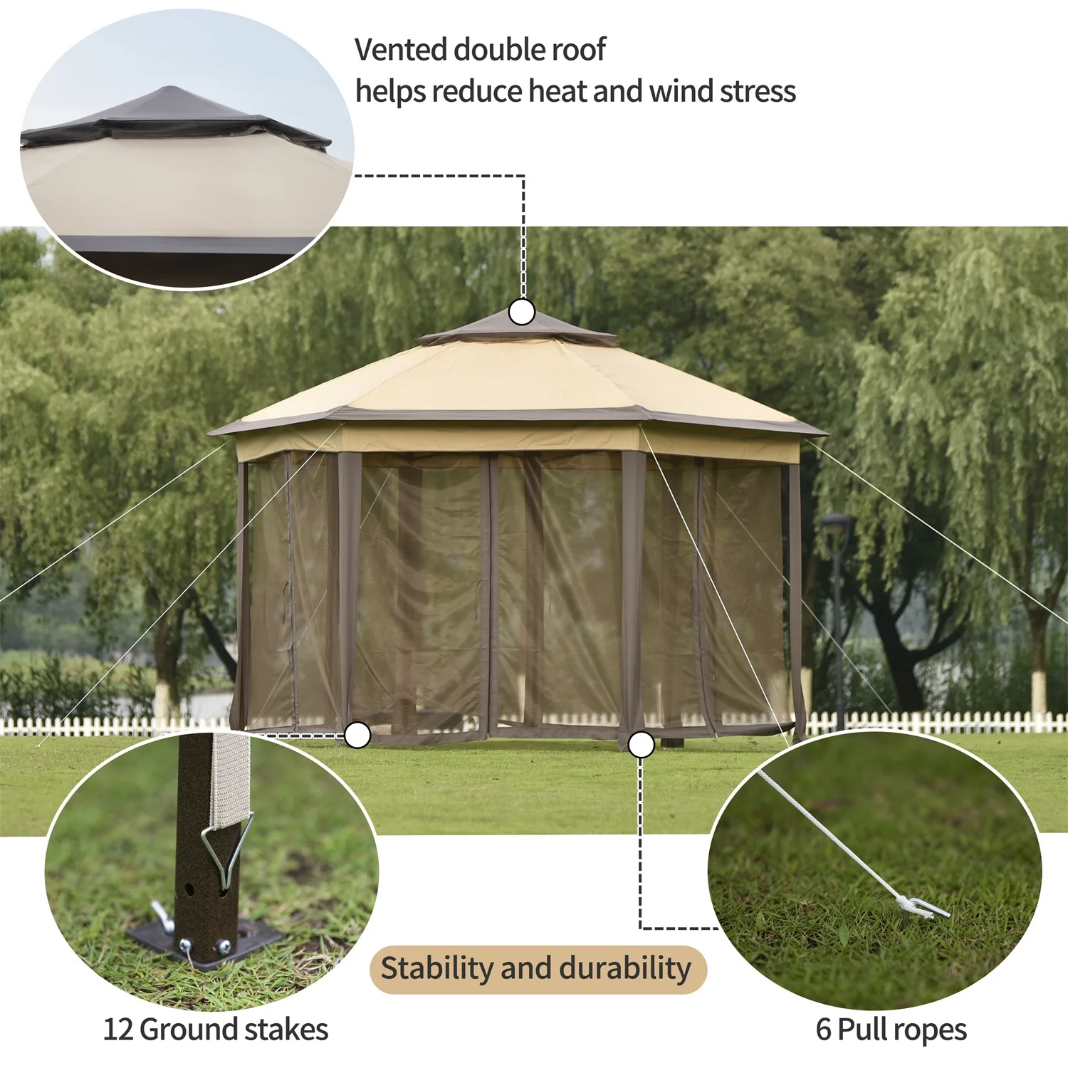 Visentor Patio Gazebo, 13x13FT Outdoor Garden Gazebo Tent with Mosquito Netting Sidewalls