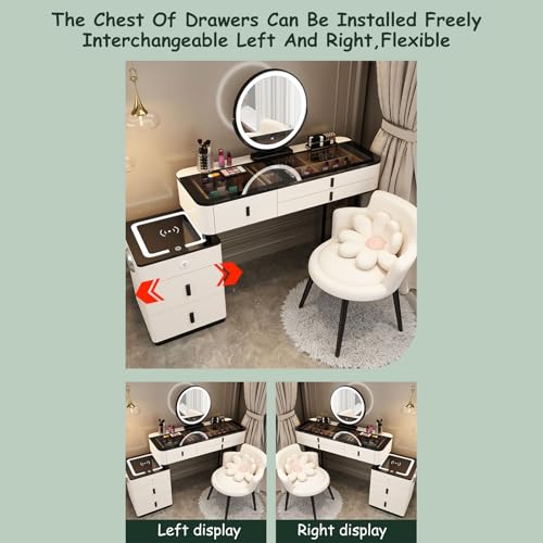 Vanity Mirror with Lights and Desk,Vanity Makeup Table Set,Makeup Vanity Table Wit Round 3-Colors Lights,with Cushioned Stool,with 2 Drawers and Storage Shelves,Innovative Glass Table Top for Cosmetic