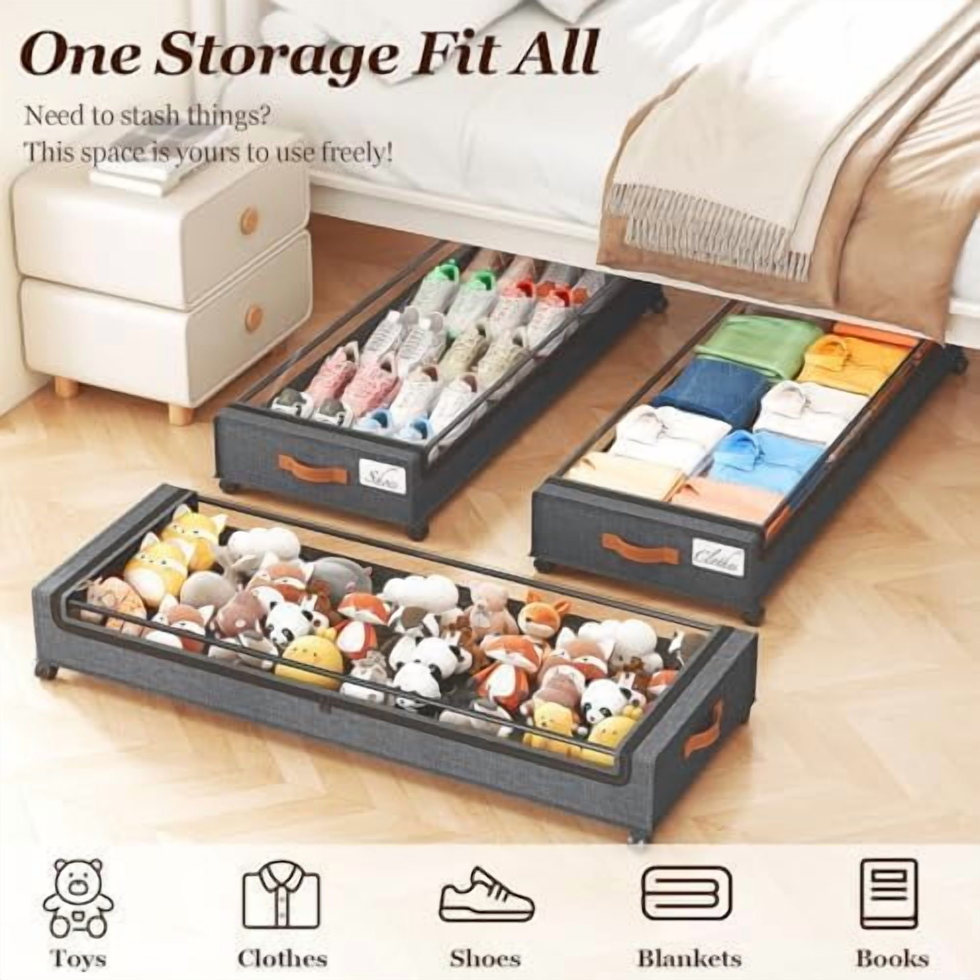Under Bed Storage with Wheels 2 Pack, 85L Extra Large Under Bed Storage Containers with Metal Frame &amp; Clear Lid, Rolling Underbed Organizer Bins Drawers for Clothes, Shoes, Blankets, Hemp Grey