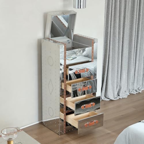 Mid-Century Modern Tall Dresser with Flip Top Mirror Metal Clad Antique Chest of Drawers for Bedroom 5 Drawers Storage Tower Organizer for Living Room, Hallway, Entryway, Closets, Golden