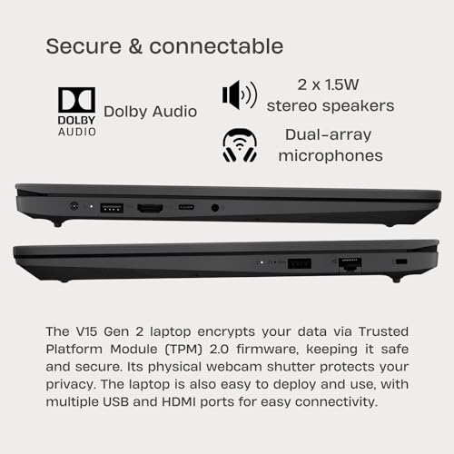 Lenovo V15 Gen 2 15.6" FHD Portable Everyday Laptop, Intel Dual Core Processor, 8GB RAM, 256GB SSD, HDMI, Wi-Fi, Webcam, Windows 11 Home, Black