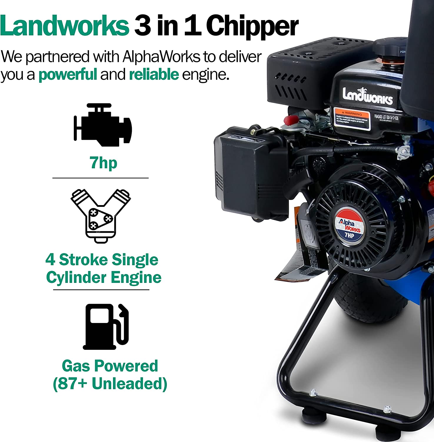 Landworks Wood Chipper, Shredder, & Mulcher - 7HP 212CC Gas Engine 3" Max Branch Diameter