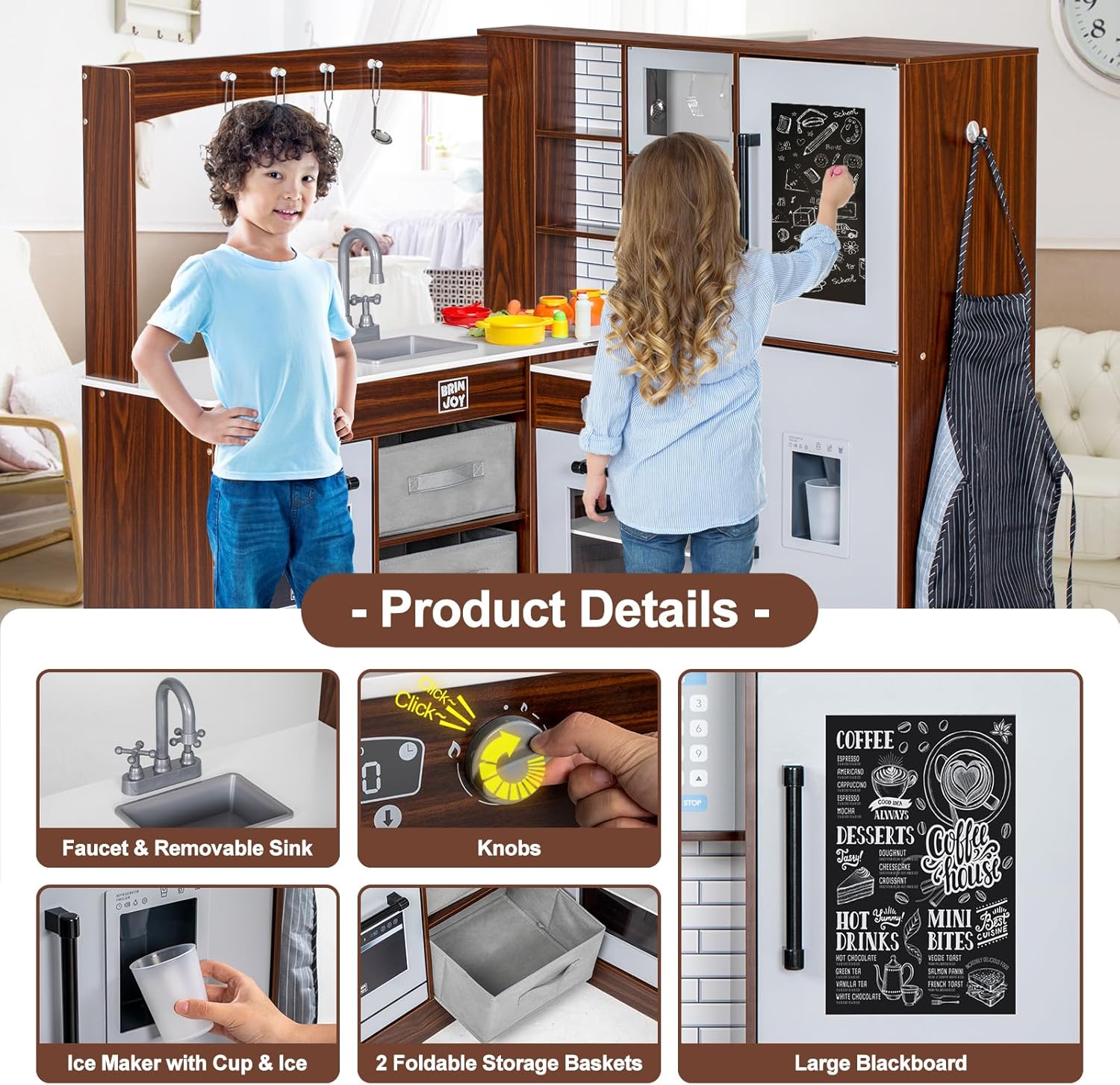 Corner Play Kitchen for Kids, Wooden Toddler Kitchen Playset w/Faucet, Sink, Microwave, Oven, Apron, Blackboard, Storage Cabinets, Pretend Cooking Toys w/Sound & Light Gift for Ages 3+