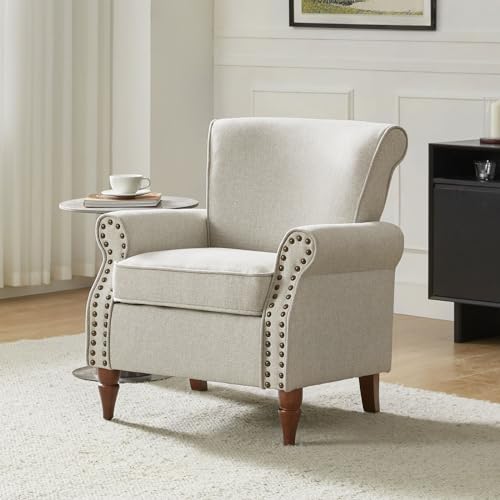 HULALA HOME Modern Accent Chair with Wooden Legs & Nailhead Trim, Small Fabric Club Chair, Comfy Upholstered Armchair Lounge Chair for Bedroom Living Room Single Sofa(Ivory)