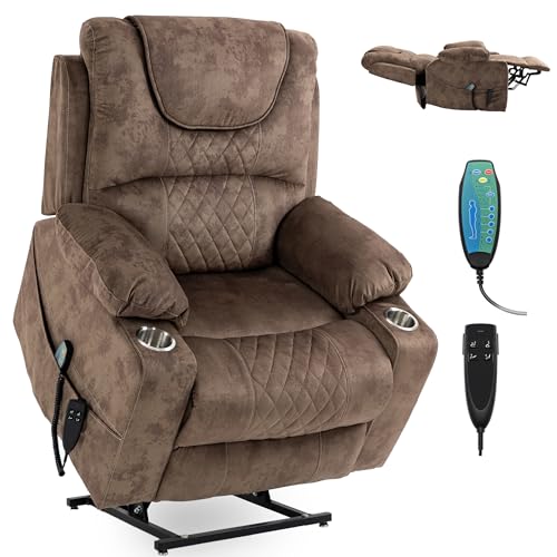 Power Lift Chair Lay Flat Recliner Infinite Position Electric Dual Motor Stand Up Lift Chair with Massage and Heat for Adults,Heavy Duty Recliners with 2 Remote Controls and Two Cup Holders