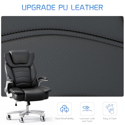 Big and Tall Office Chair 400lb Wide Seat, High Back Leather Executive Office Chair with Flip-up Arms, Ergonomic Computer Desk Chairs for Home Office, Brown