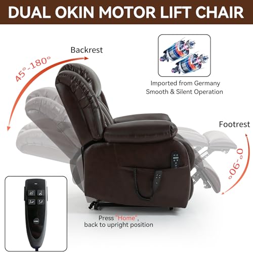 Lay Flat Lift Recliner Chair - Dual Motor Leather Electric Power Lift Chair with Massage & Lumbar Heating for Elderly People, Home Theater Single Seating Sofa Chair (Leather, Black)