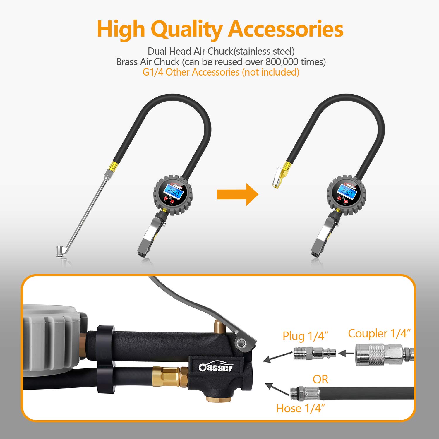 Oasser Tire Inflator with Gauge Tire Pressure Gauge Inflator 255PSI Air Compressor Accessories with Brass Air Chuck Dual Head Air Chuck 1/4" NPT Digital Backlit LCD P5