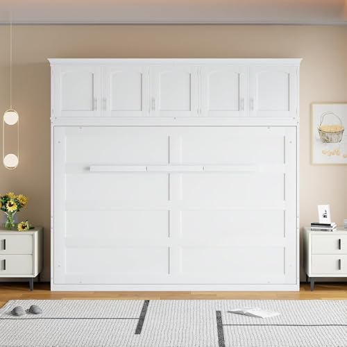 MERITLINE Queen Horizontal Murphy Bed Cabinet with Storage Bookcase Shelves and Charging Station,Wood Folding Grey Murphy Wall Bed for Adult