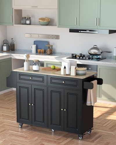 Kitchen Island with Drop Leaf and Storage, on Wheels Two Drawers, Large Storage Cabinet, Towel Rack Spice Cart Brown