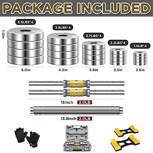 Adjustable Dumbbell Set - 44/66 LBS weights set, Dumbbell Barbell 3 in 1, Steel Dumbbells Pair with Connecting Rod for Adults Women Men Fitness Workout, Home Gym Exercise Training Equipment