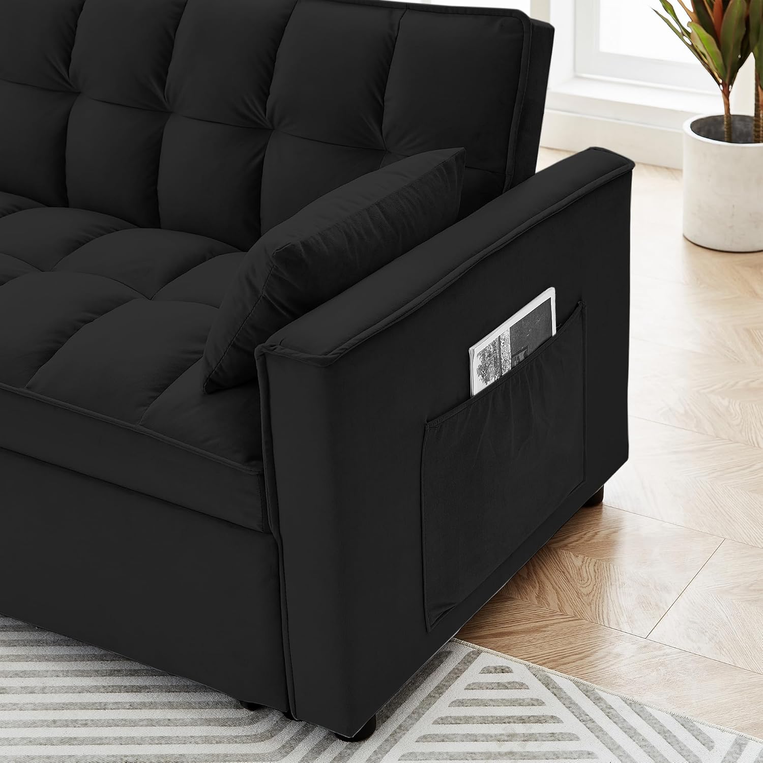 55" Full Size Pull Out Couch-3 in 1 Convertible Futon Sofa Bed, Fluffy Velvet Loveseat Sofa Cama, Foldable Lounge Sleeper Sofa with Pullout Bed, Small Couch for Living Room