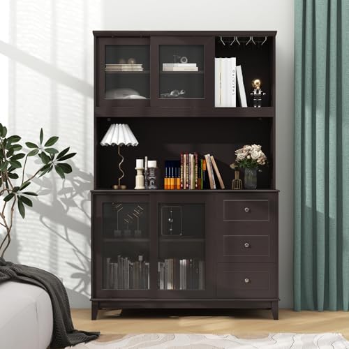 Giantex 73" Kitchen Pantry Storage Cabinet, Hutch Cabinet with LED Lights & Power Outlet, Kitchen Buffet Cabinet w/Wine Glass Racks, Countertop, Adjustable Shelves, Drawers for Dining Room (Espresso)