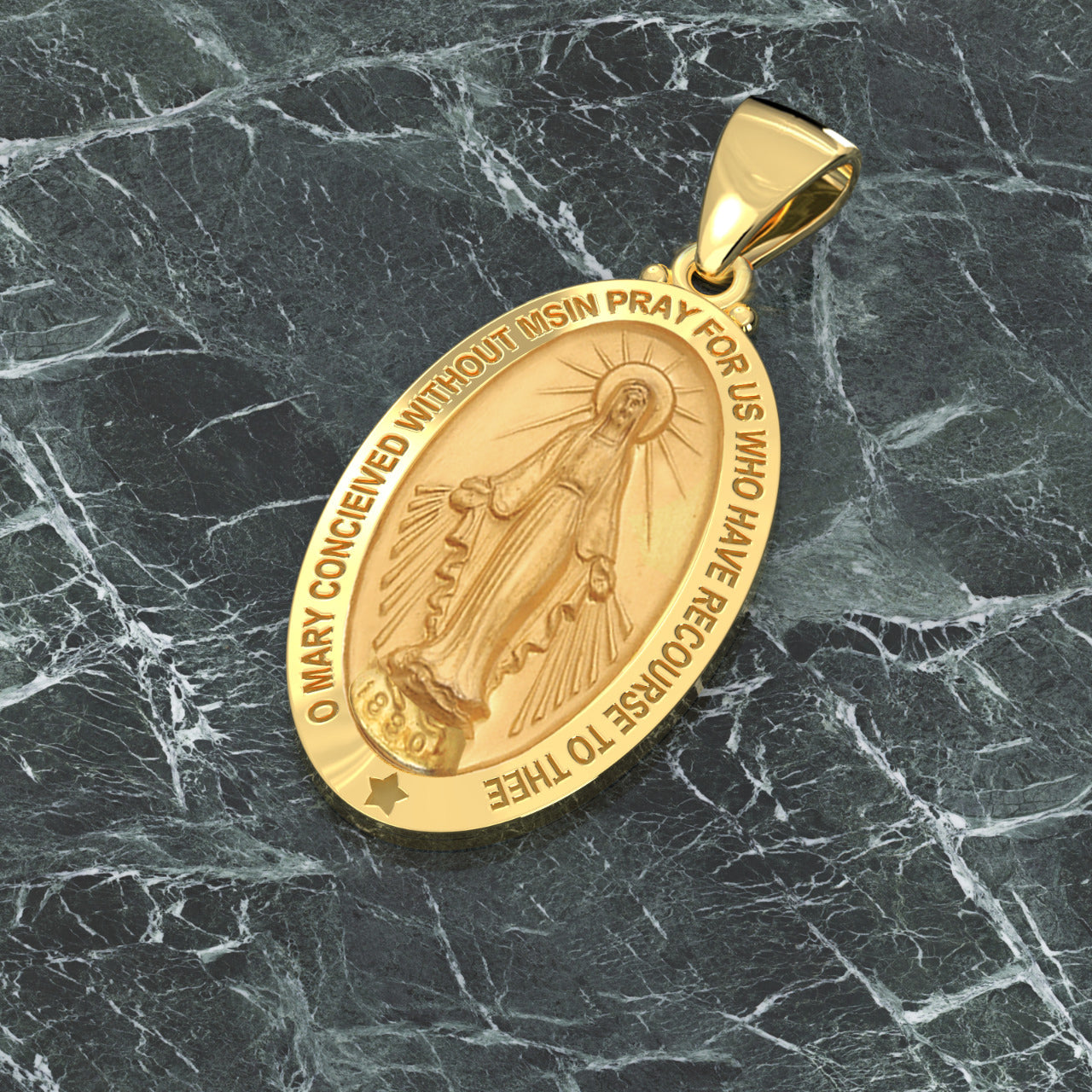 Ladies 14K Yellow Gold Miraculous Virgin Mary Hollow Oval Polished Pendant Necklace, 26mm