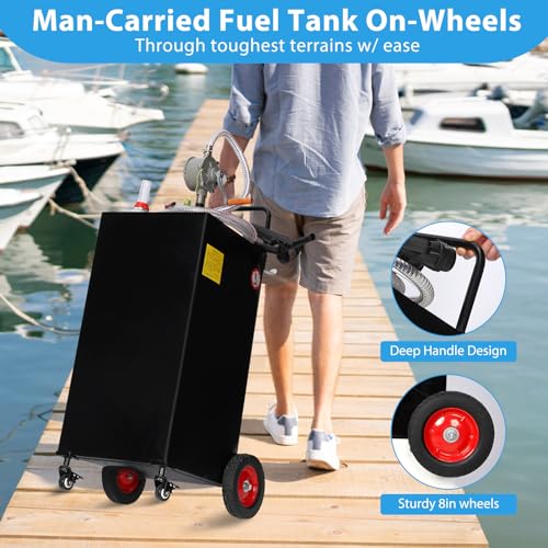 Fuel Caddy, 30 Gallon Portable Gas Caddy on 4 Wheels with Manual Transfer Pump, Gasoline Diesel Fuel Container for Cars, Lawn Mowers, ATVs, Boats, Black