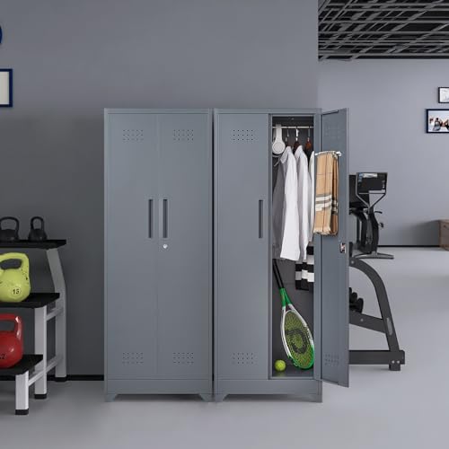 Metal Broom Storage Cabinet with Doors, 65" Steel Tool Storage Cabinet with Hanging Rod, Cleaning Storage Cabinet with Locking Doors, Broom Tool Storage Cabinet for Office, Garage