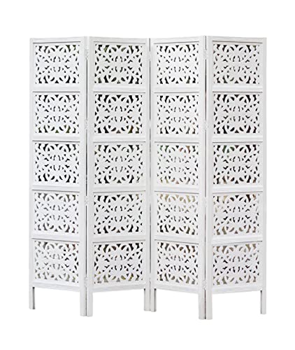 Room Divider Wood Screen - Ghanti Bells Antique Brown - 4 Panel Folding 72 x 80 - Assembled Hand Carved Decorative Functional Versatile Portable Partition Reversible Privacy Boho - COTTON CRAFT