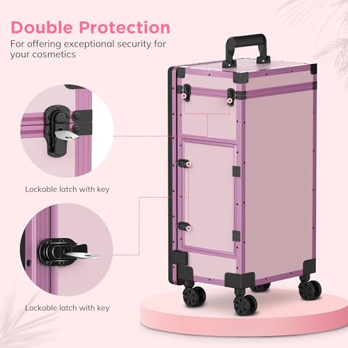 EASYINBEAUTY Rolling Portable Manicure Table with 2 Drawers, Mirror & Nail Polish Organizer, Lockable Makeup Train Case with Foldable Nail Desk, Cosmetic Travel Case for Workstation Mobile, Nail tech