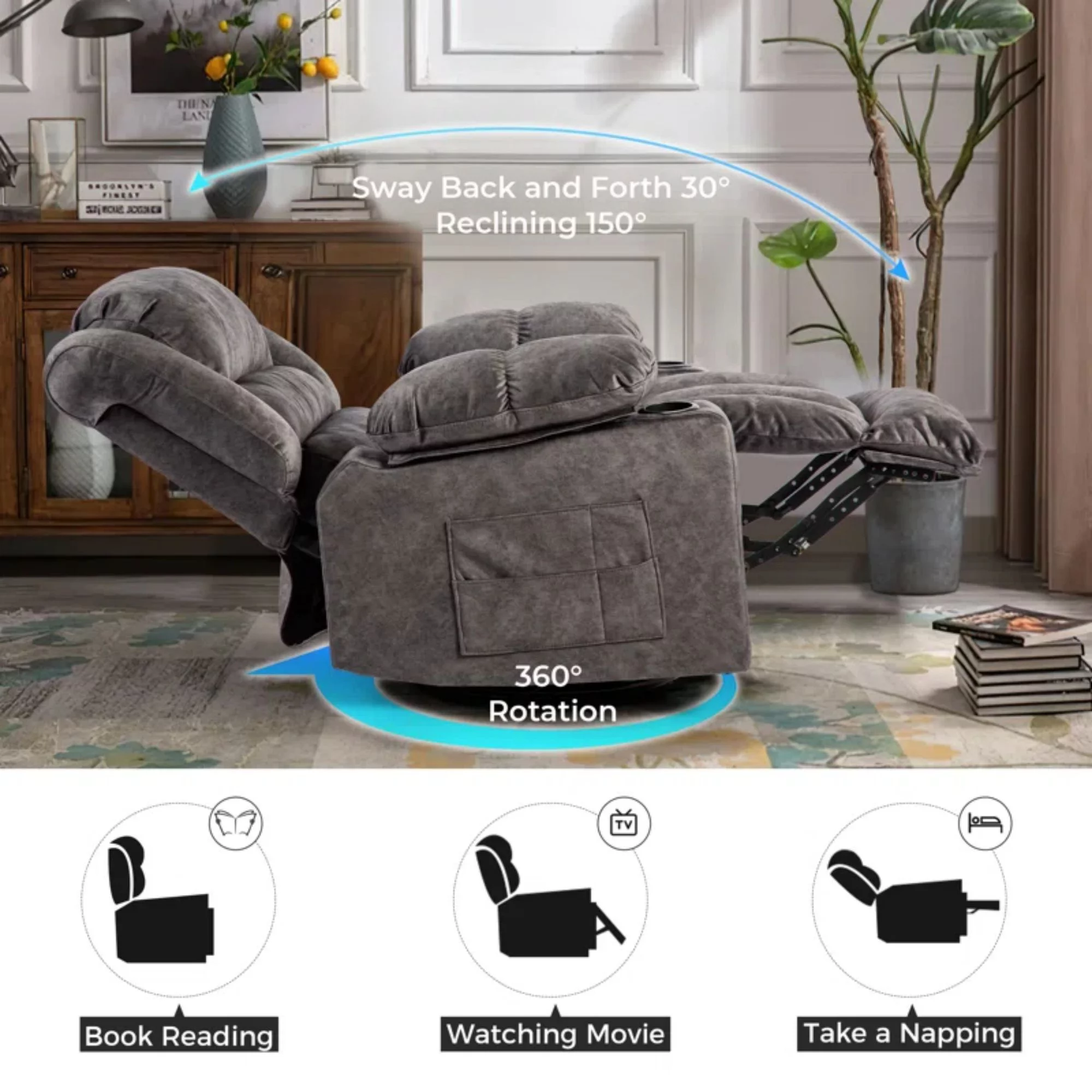 Colerline 36.61" Wide Super Soft and Oversize Modern Designed Velvet Upholstered Heating & Massage Swivel Reclining Chair with Cupholders for Living Room, Bedroom, Gray