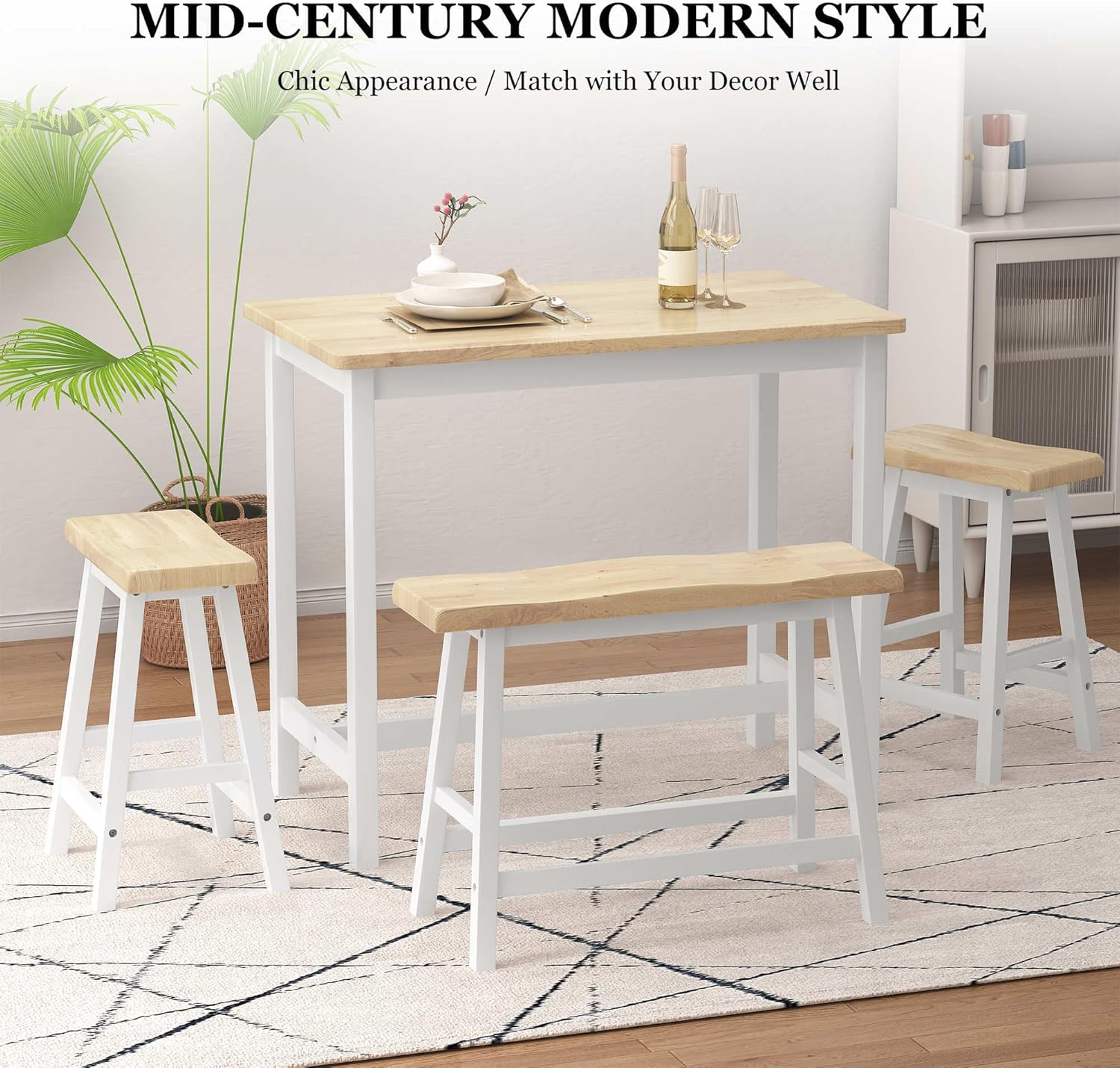 Modern Bar Dining Table Set for 4 All Rubber Wood Kitchen Bistro Counter Height Table Bench Stool for Dining Room Small Space Natural Color & White